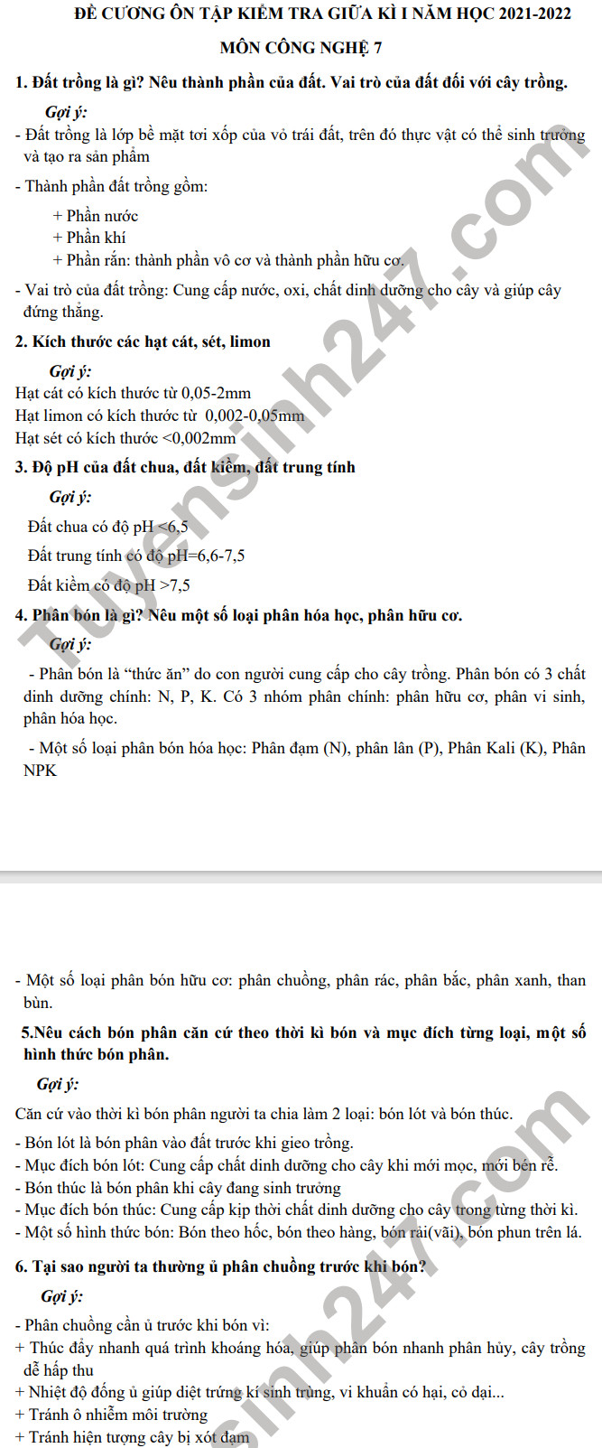 De cuong giua ki 1 Cong nghe 7 - THCS Doc Lap 2021