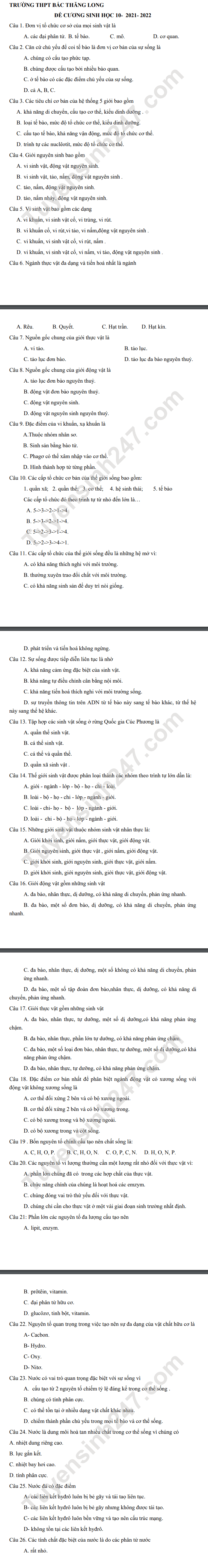 De cuong on giua ki 1 lop 10 mon Sinh 2021 - THPT Bac Thang Long