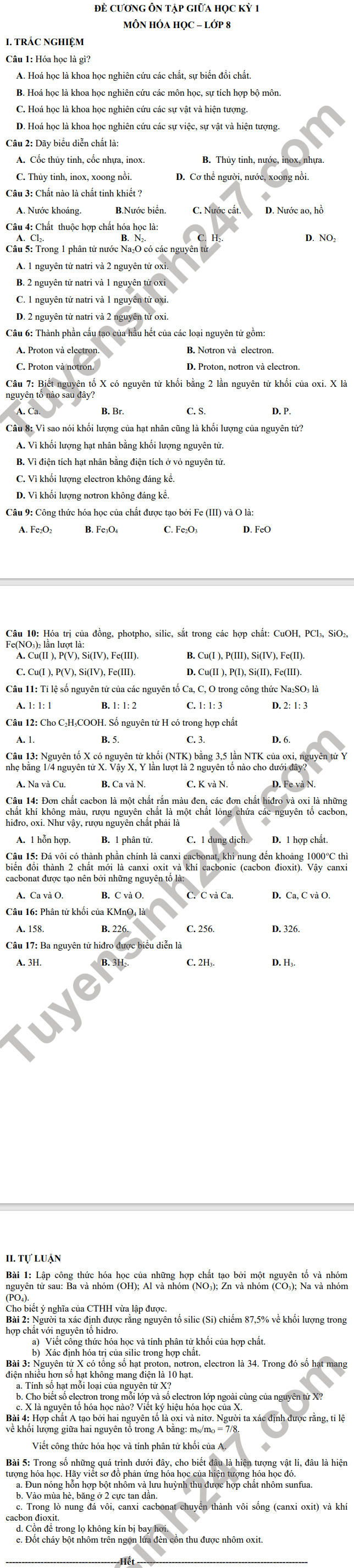 Noi dung on thi giua ki 1 THCS Doc Lap 2021 - mon Hoa lop 8