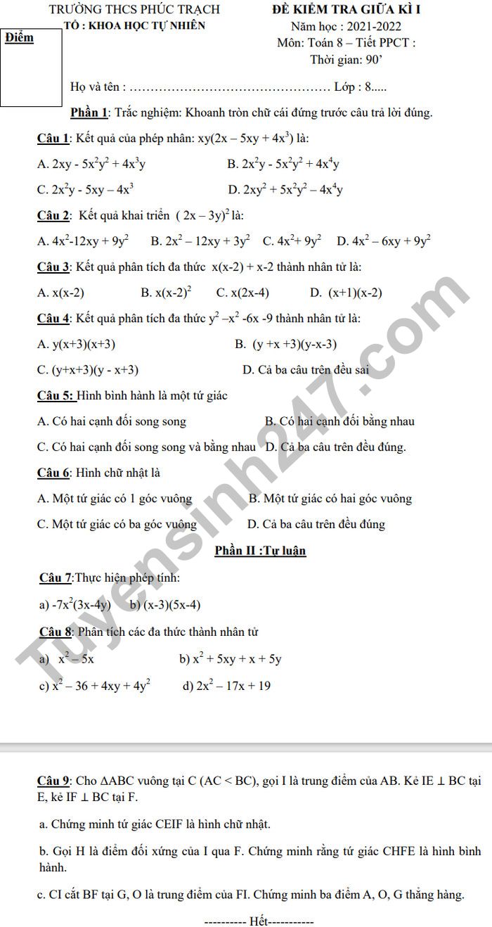 De thi giua ki 1 lop 8 mon Toan 2021 - THCS Phuc Trach