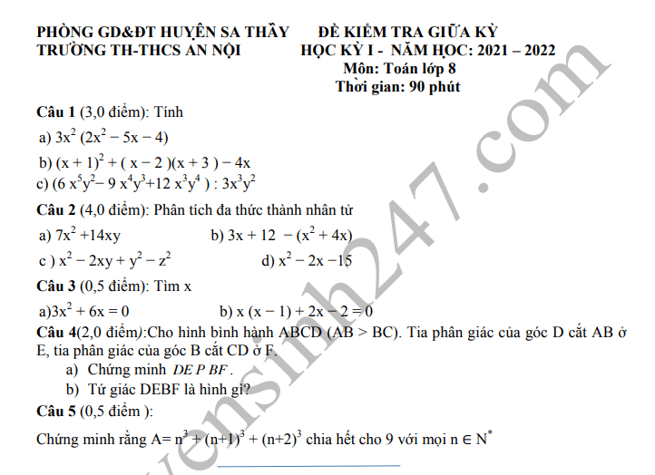 De thi giua ki 1 mon Toan lop 8 - THCS An Noi 2021