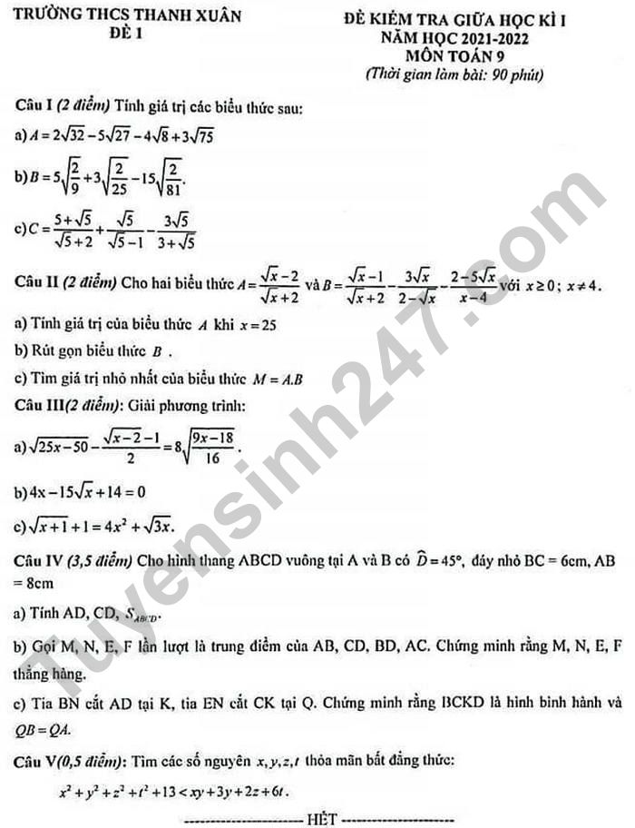 De thi giua ki 1 Toan lop 9 nam 2021 - THCS Thanh Xuan