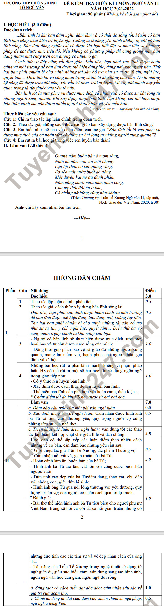 De thi mon Van lop 11 giua ki 1 - THPT Ho Nghinh 2021 (Co dap an)