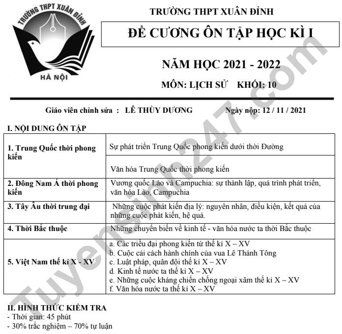 Noi dung on tap hoc ki 1 mon Su lop 10 - THPT Xuan Dinh 2021
