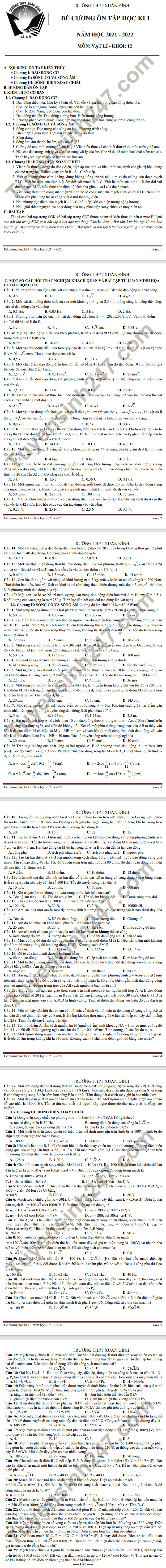 De cuong on tap hoc ki 1 Ly lop 12 THPT Xuan Dinh 2021