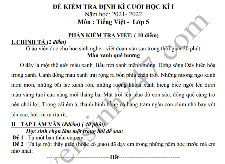 De thi ki 1 lop 5 mon Tieng Viet 2021 - TH Dai Dong
