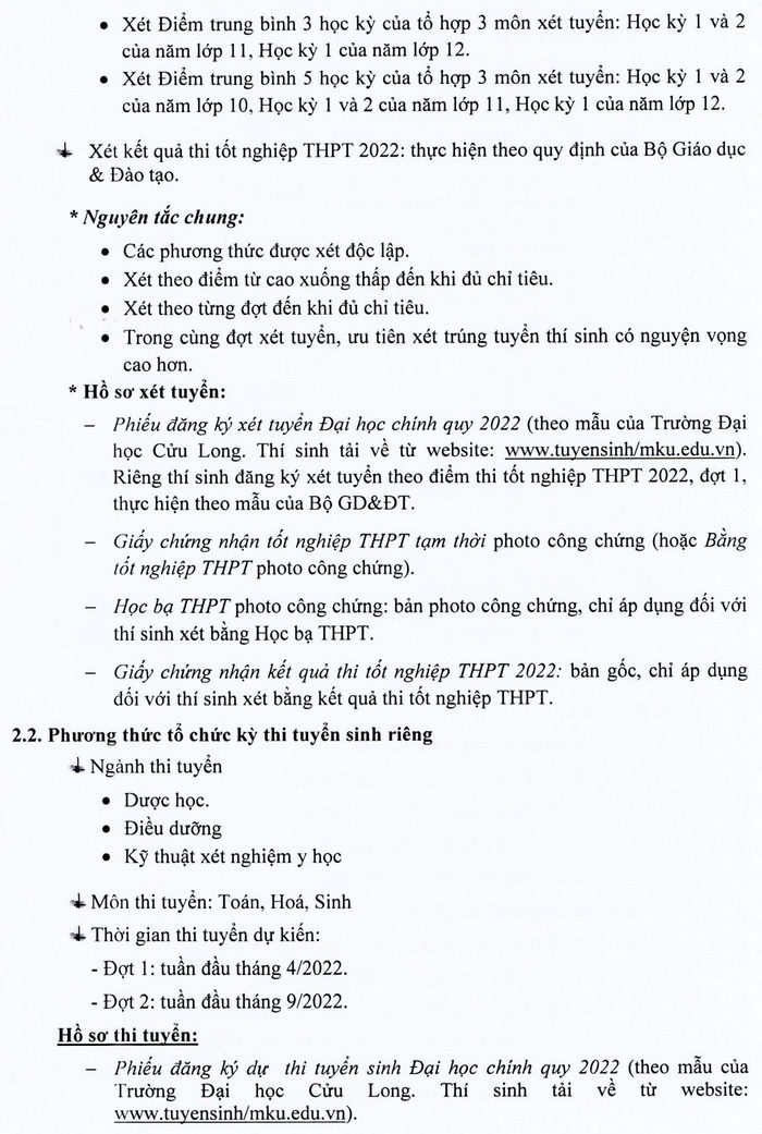 Phuong thuc tuyen sinh Dai hoc Cuu Long 2022