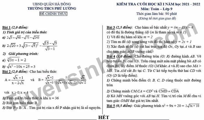 De thi hoc ki 1 lop 9 mon Toan 2021 THCS Phu Luong