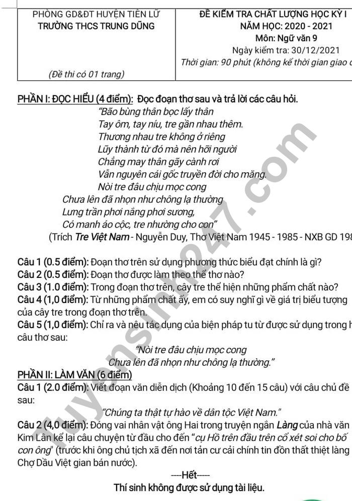 De thi hoc ki 1 mon Van lop 9 2021 THCS Trung Dung