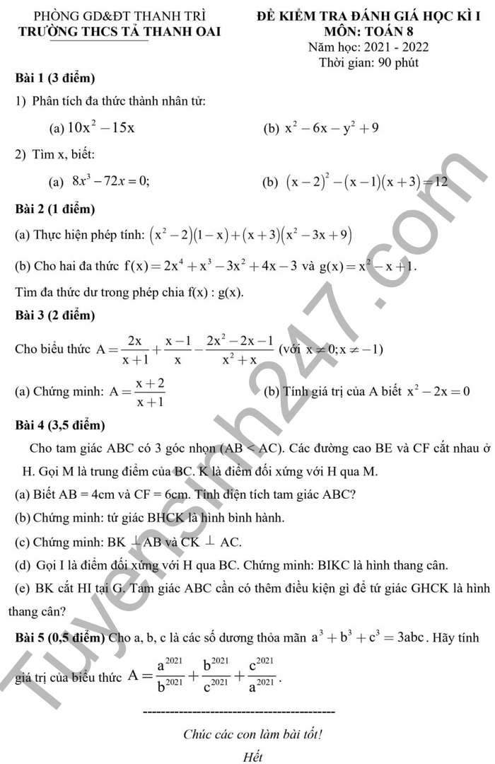 De thi hoc ki 1 mon Toan 8 THCS Ta Thanh Oai nam 2021