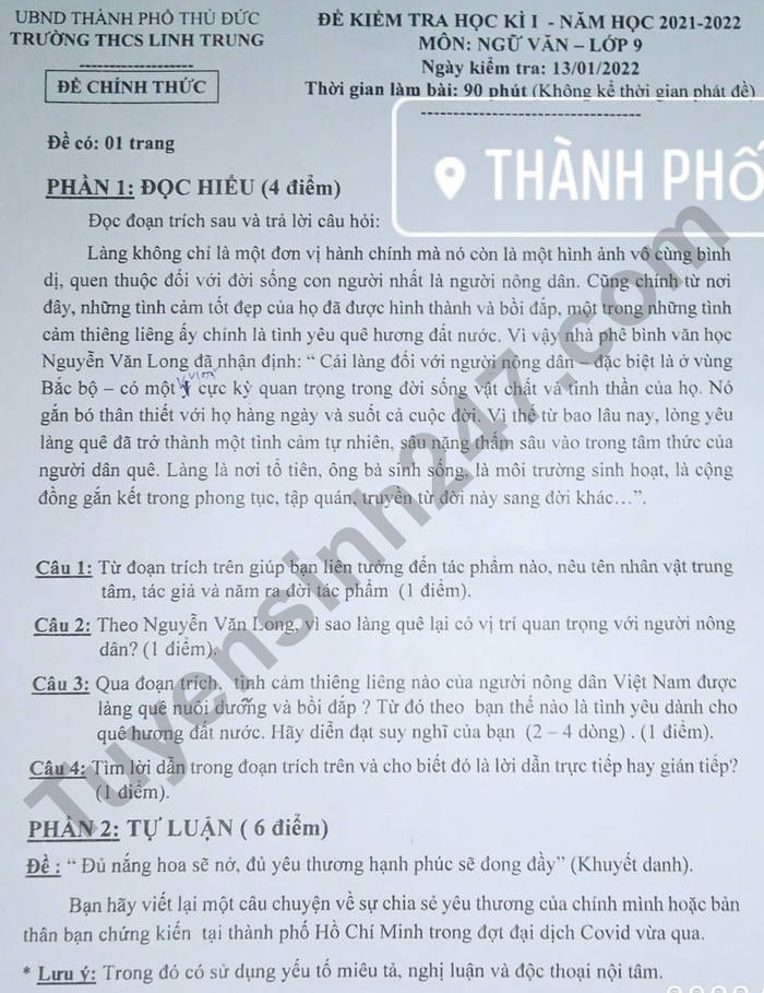 De thi hoc ki 1 lop 9 mon Van 2021 - THCS Linh Trung