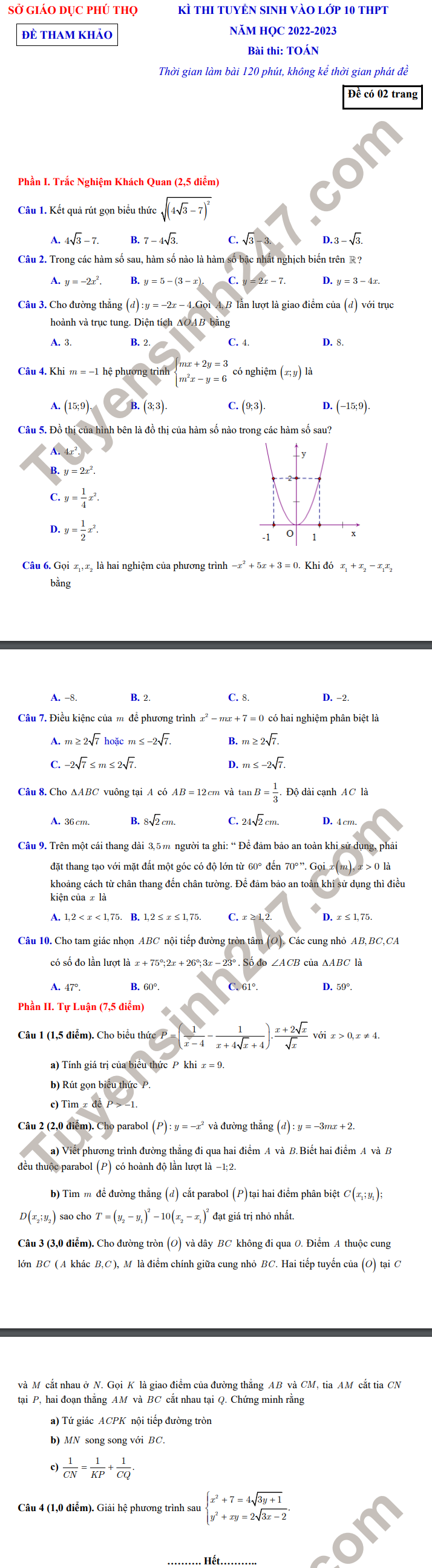 De thi vao lop 10 mon Toan nam 2022 tinh Phu Tho (Tham khao)