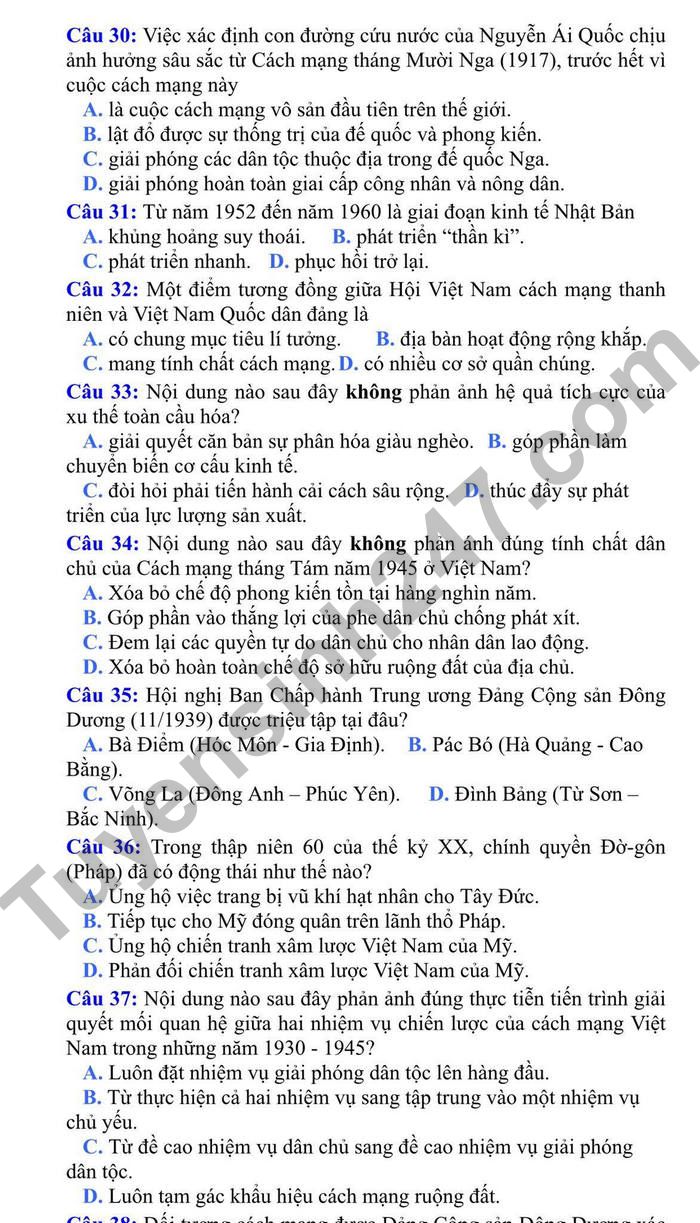 De thi thu mon Su tot nghiep THPT 2022 lan 1 THPT Chuyen Hoang Van Thu