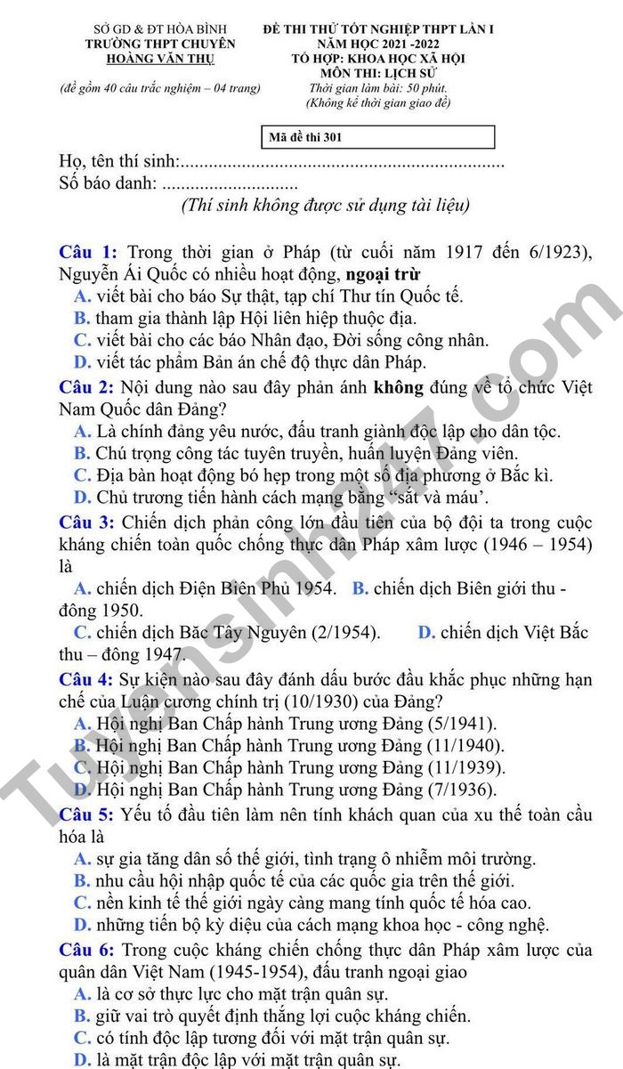 De thi thu mon Su tot nghiep THPT 2022 lan 1 THPT Chuyen Hoang Van Thu
