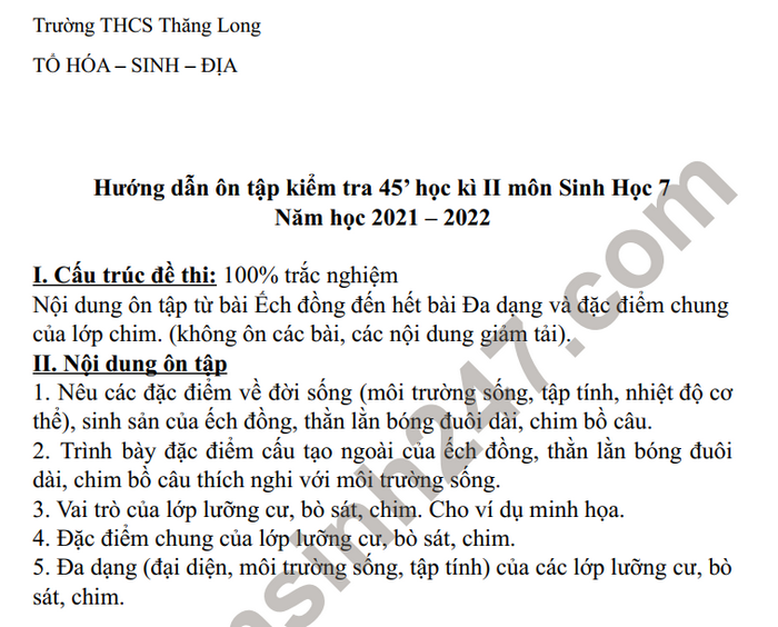 De cuong on tap giua ki 2 mon Sinh lop 7 nam hoc 2021-2022 THCS Thang Long