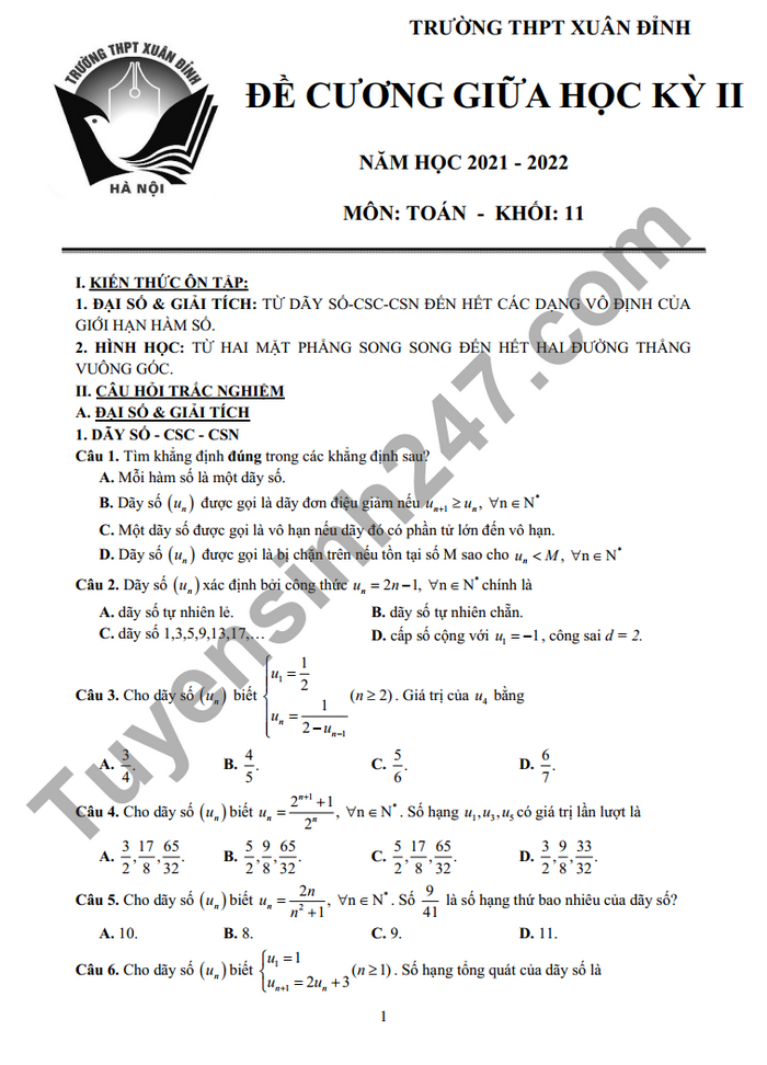 De cuong on tap giua ki 2 mon Toan 2022 lop 11 THPT Xuan Dinh