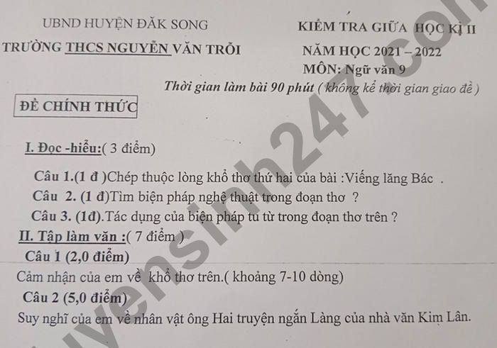 De thi giua ki 2 lop 9 THCS Nguyen Van Troi 2022 mon Van