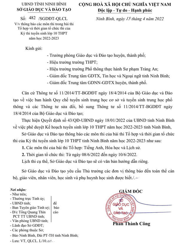 Ninh Binh cong bo mon thi vao lop 10 nam 2022