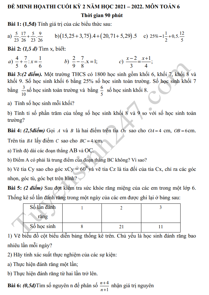 De thi ki 2 lop 6 mon Toan nam hoc 2021 - 2022