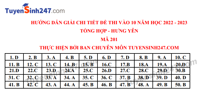 Dap an de thi vao lop 10 tinh Hung Yen 2022 - bai Tong hop