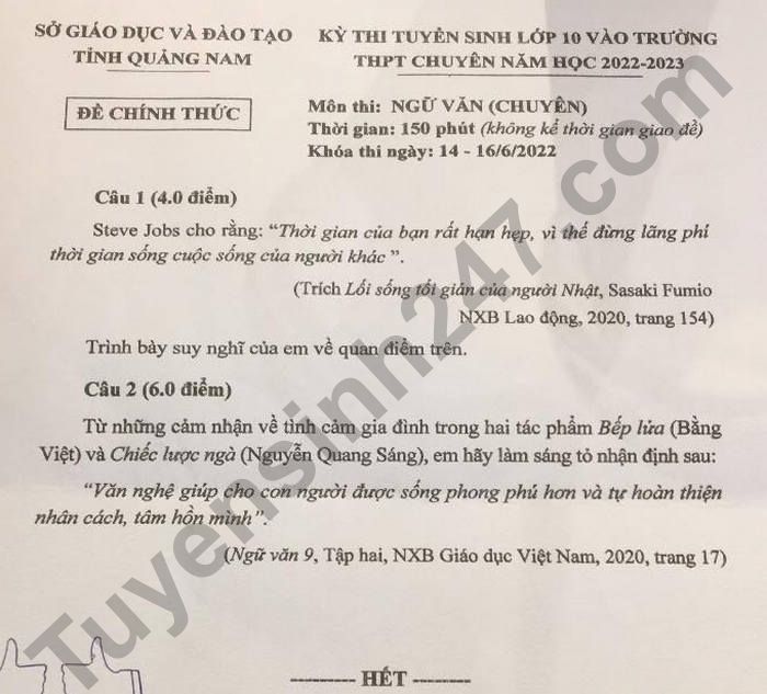 De thi vao lop 10 Chuyen tinh Quang Nam 2022 - mon Van chuyen