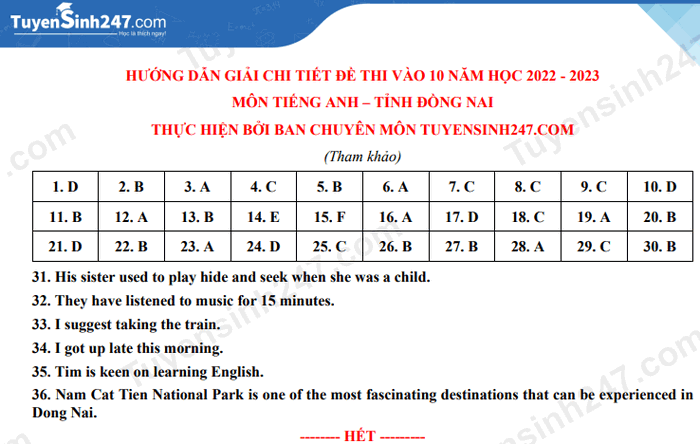 De thi mon Anh vao lop 10 Dong Nai nam 2022 - co dap an
