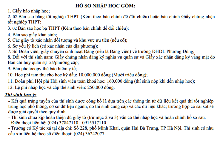Ho so nhap hoc vao Dai hoc Phuong Dong nam 2022