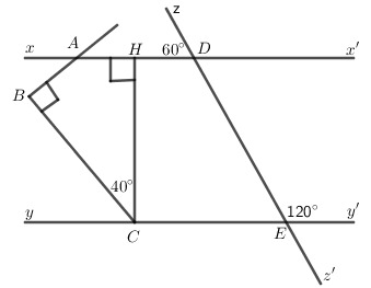 Cho hình vẽ: a) Chứng minh rằng: \(xx'//yy'\) b) Chứng minh rằng: \(HC \bot  yy'\). Tính số đo của \(\angle BCy\) c) Tính số đo của \(\angle BAx'\) d)  Hai đường thẳng \(