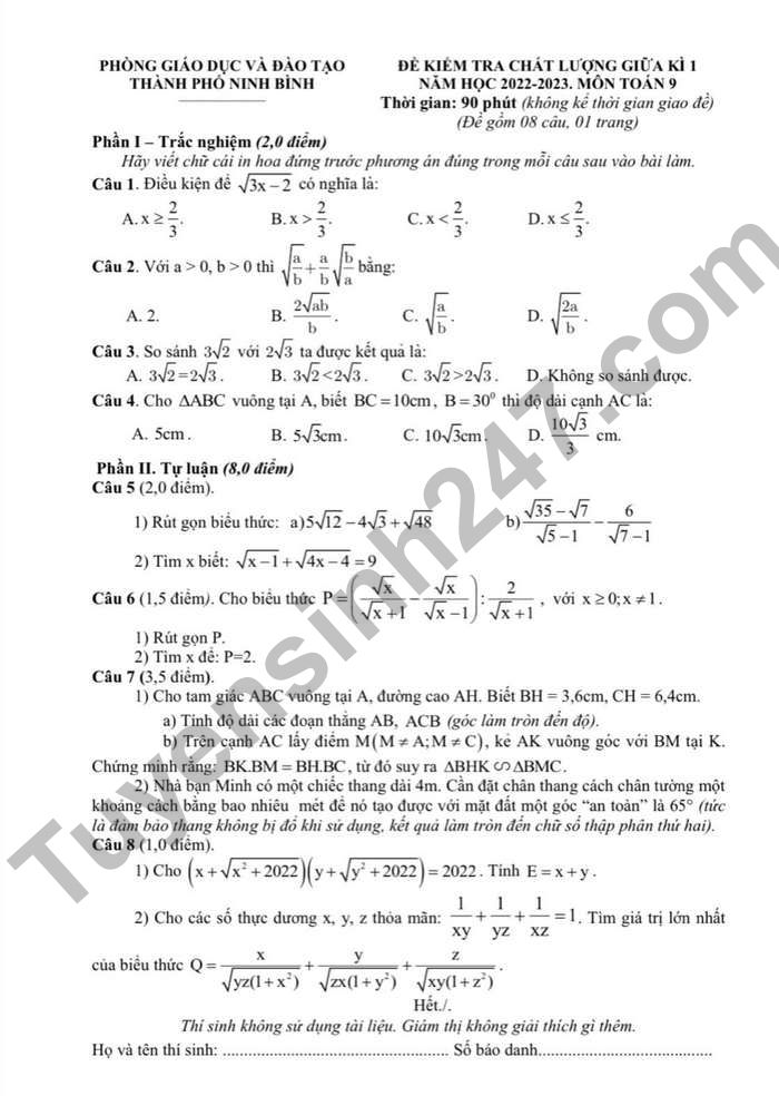 De kiem tra giua ki 1 mon Toan lop 9 TP Ninh Binh 2022