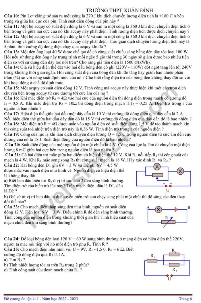 De cuong on tap hoc ki 1 lop 11 mon Ly nam 2022 - THPT Xuan Dinh