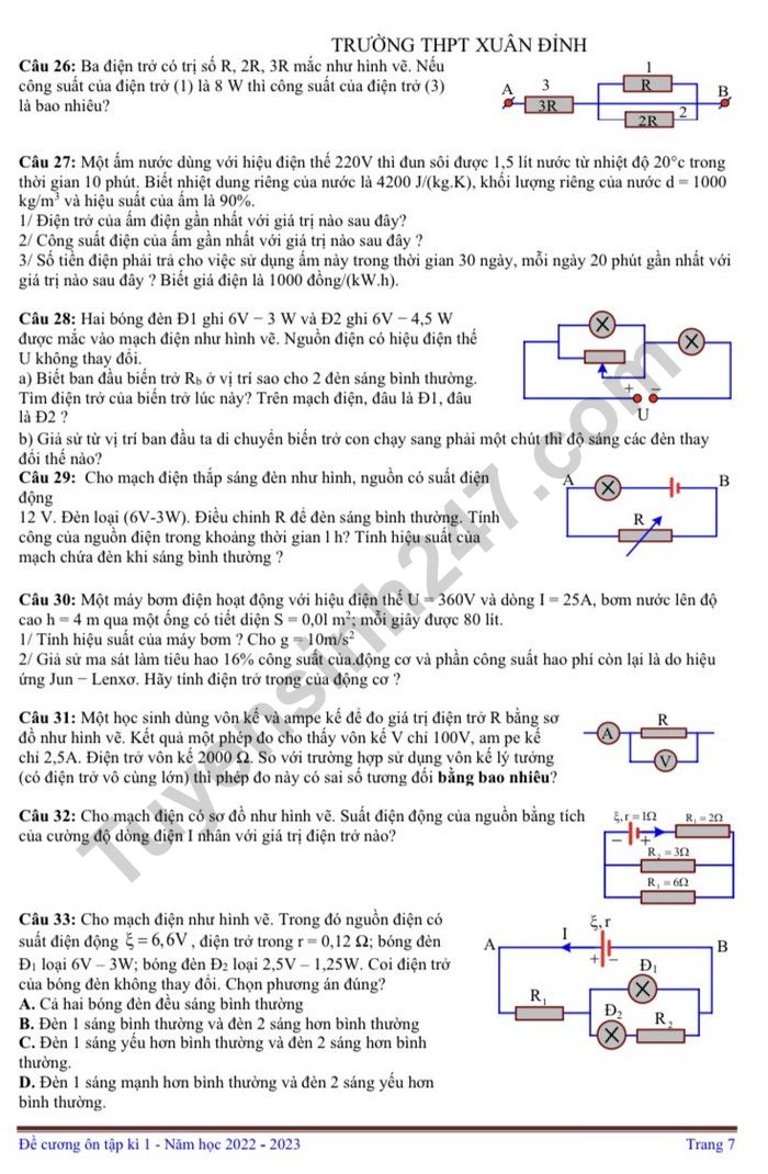 De cuong on tap hoc ki 1 lop 11 mon Ly nam 2022 - THPT Xuan Dinh