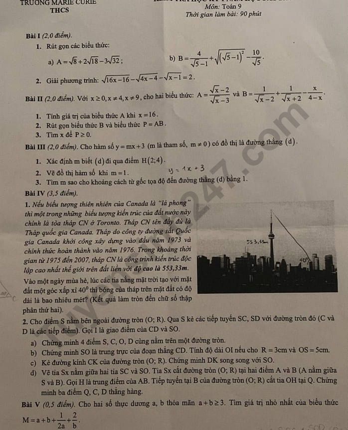 De thi ki 1 lop 9 mon Toan 2022 - THCS Marie Curie