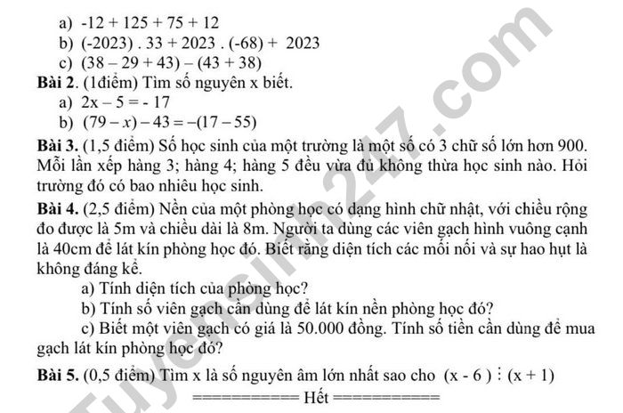 De thi ki 1 lop 6 mon Toan nam 2022 - Phong GDDT Hoai Duc