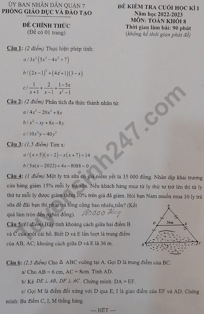 De thi hoc ki 1 mon Toan lop 8 - Quan 7 nam 2022