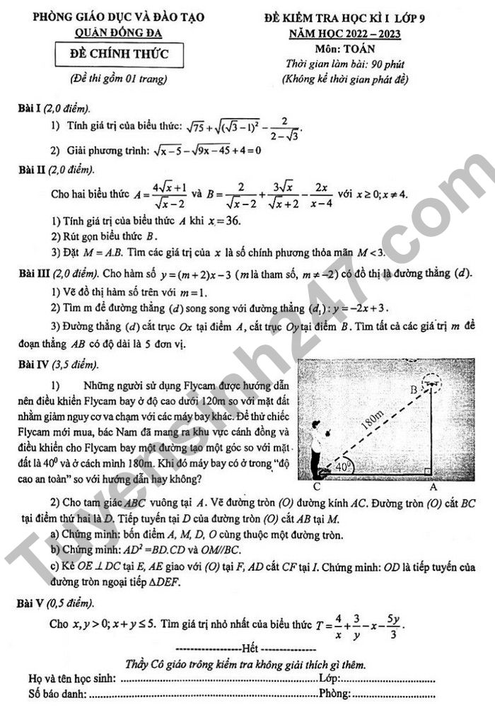 De thi HK 1 mon Toan lop 9 Quan Dong Da 2022