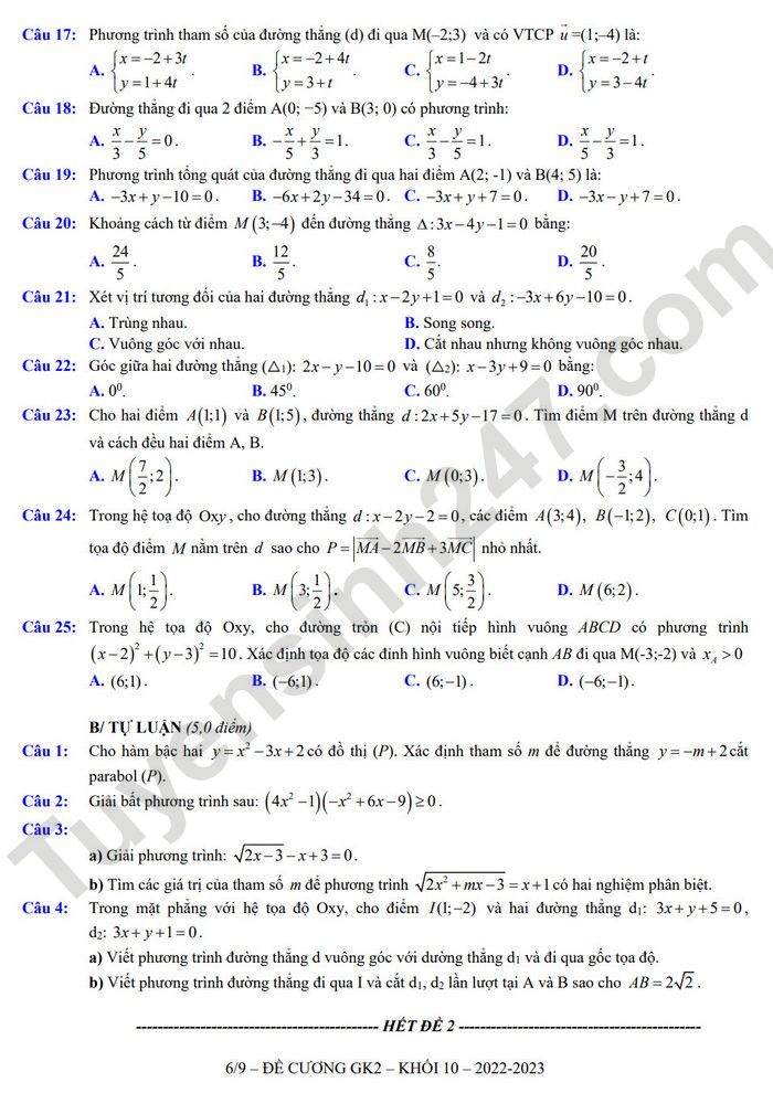 De cuong on tap giua ki 2 lop 10 mon Toan 2023 - THPT Viet Duc