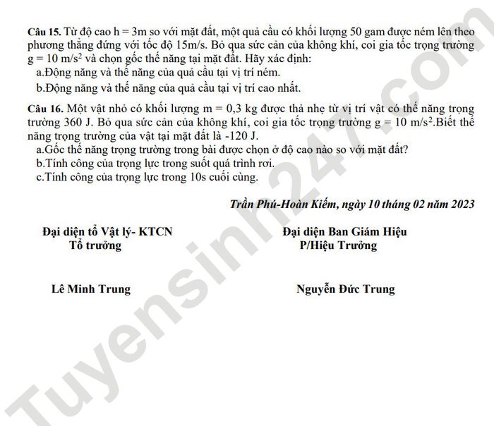 De cuong on tap giua ki 2 lop 10 nam 2023 mon Ly THPT Tran Phu