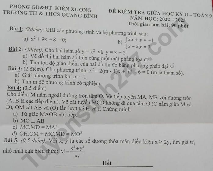 De thi giua HK 2 mon Toan lop 9 - THCS Quang Binh 2023