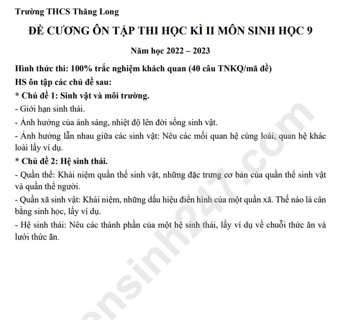 De cuong on tap hoc ki 2 mon Sinh lop 9 - 2023 THCS Thang Long