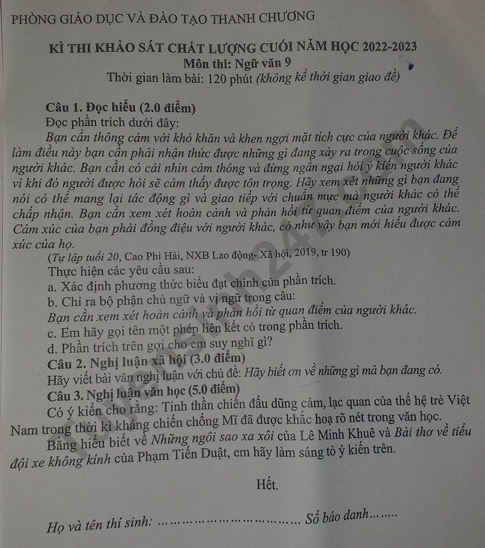 De thi cuoi ki 2 mon Van lop 9 - Phong GD Thanh Chuong nam 2023