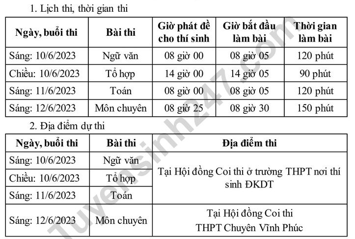 Lich thi vao lop 10 tinh Vinh Phuc nam 2023