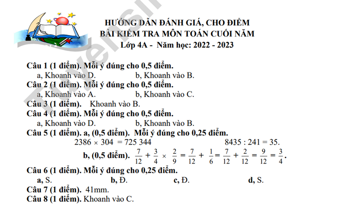 De hoc ki 2 lop 4 nam 2023 mon Toan - TH&THCS Minh Khai (Co dap an)