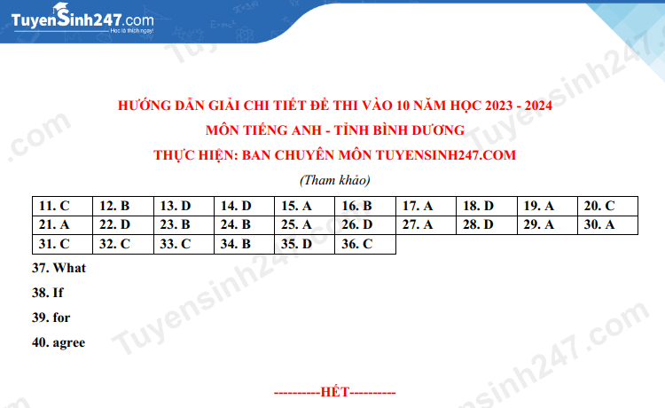 Dap an de thi vao lop 10 mon Anh - Binh Duong 2023