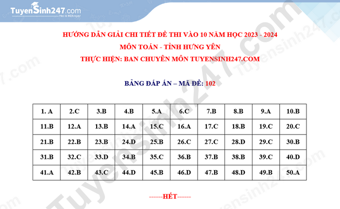 De thi vao lop 10 tinh Hung Yen mon Toan 2023 - Co dap an
