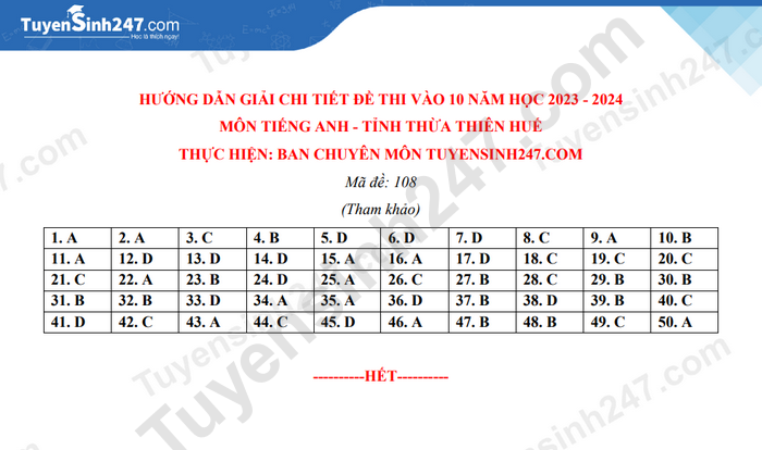 Dap an de thi vao lop 10 mon Anh - Thua Thien Hue nam 2023