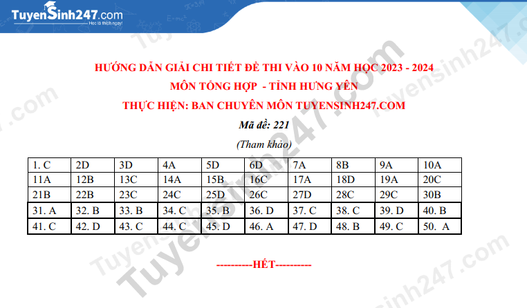 Dap an de thi mon Tong Hop vao lop 10 nam 2023 - Hung Yen