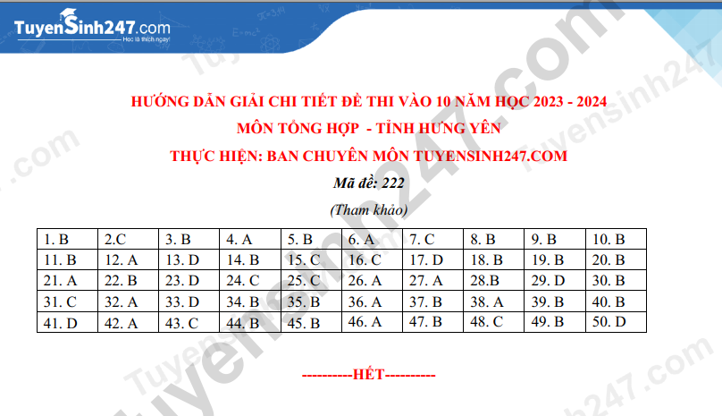 Dap an de thi mon Tong Hop vao lop 10 nam 2023 - Hung Yen