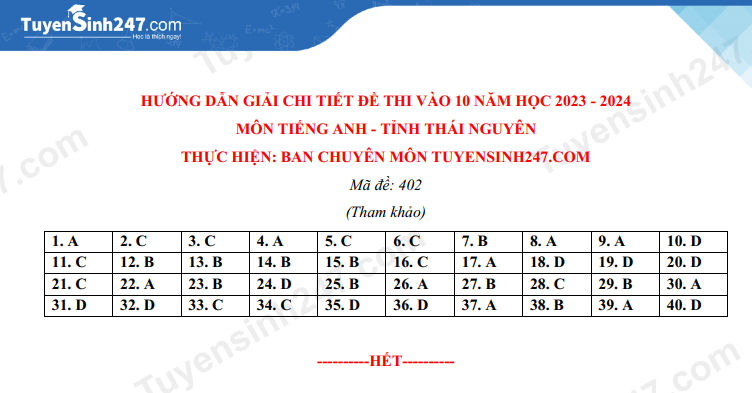 Dap an de thi tuyen sinh vao 10 mon Anh - Thai Nguyen 2023