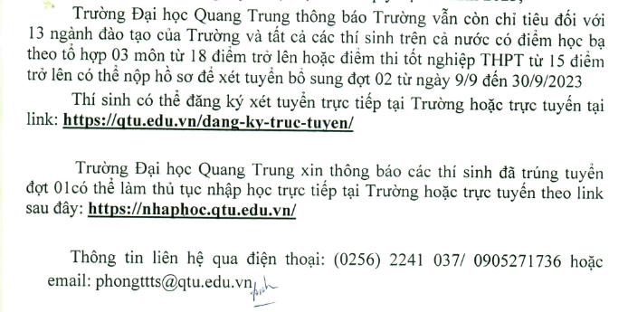 Xet tuyen bo sung Dai hoc Quang Trung nam 2023