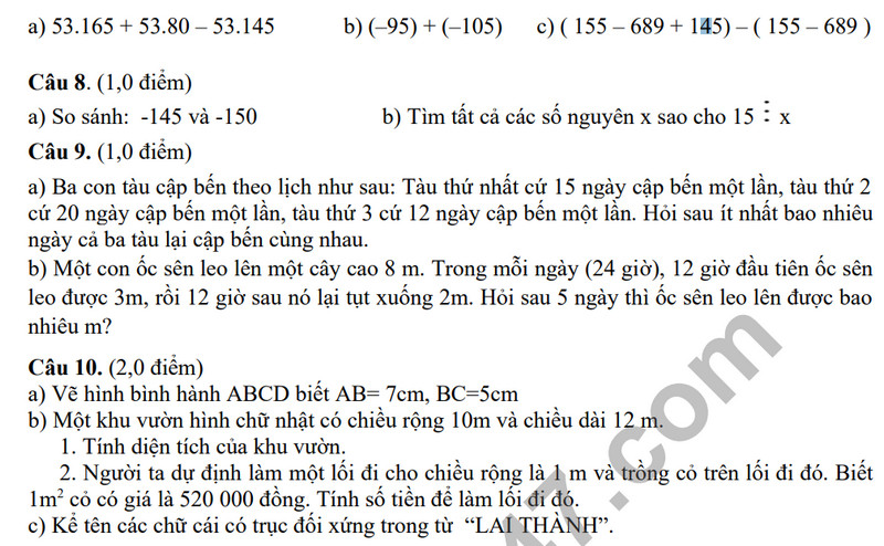 De thi hoc ki 1 mon Toan lop 6 - THCS Lai Thanh 2023